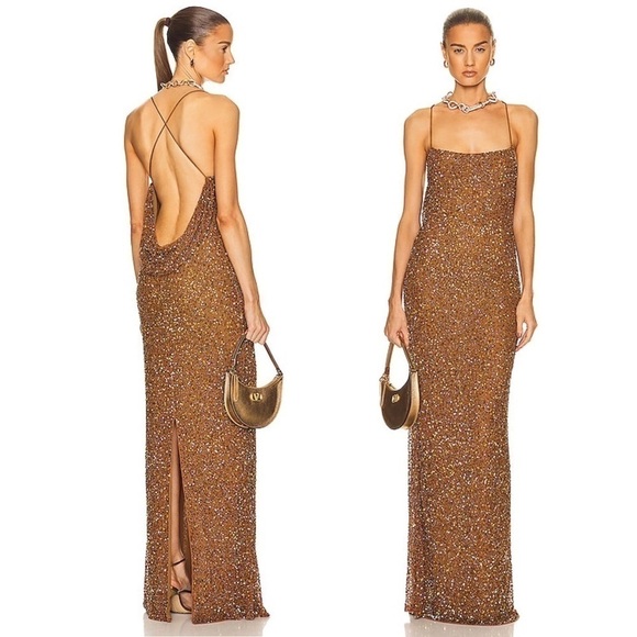 NWT Retrofete Alice Sequins Dress in Amber Brown - Picture 4 of 11